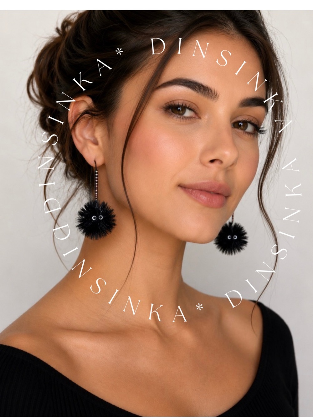 Betsey Johnson Round Black Pom Pom Cat Head Drop Earrings Crystal Accents NWT